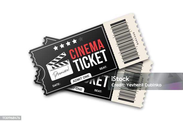 Due Biglietti Per Il Cinema Su Sfondo Bianco Modello Di Biglietti Per Film In Colori Nero E Rosso - Immagini vettoriali stock e altre immagini di Biglietto del cinema