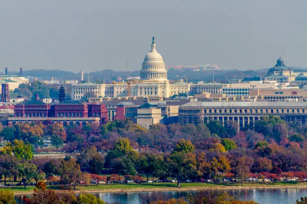 The United States Capitol can be seen from Arlington National Cemetery here on a beautiful fall day in Washington D.C.