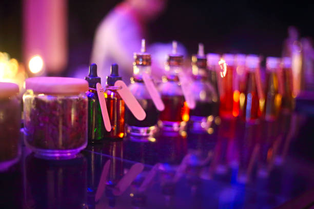 istock Bar counter with bottles in blurred background in the night 1130968555