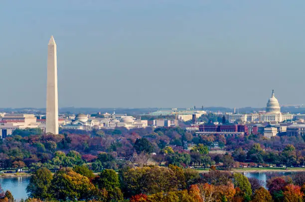 The Washington Monument and United States Capitol Building are just two of the many National Mall buildings seen in this autumn photograph of Washington D.C.