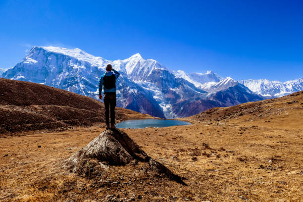 Nepal - Man standing on a rock in the nearby of the Ice Lake, Annpurna Circuit Trek in Himalayas. Man wearing a beanie, blue jacket and hiking trousers, standing on a rock in the nearby of the Ice Lake, Annapurna Circuit Trek in Himalayas, Nepal. Autumn vibes. Barren ground. Snowy mountain peaks. annapurna circuit photos stock pictures, royalty-free photos & images