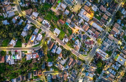 A view from directly above suburban houses and streets in Los Angeles, California.