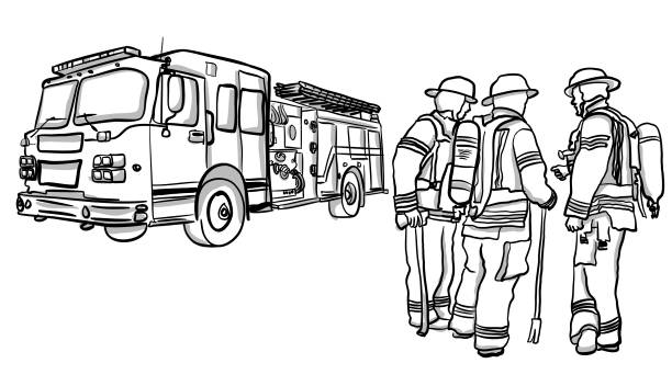 Firemen Teamwork Firemen working together and firetruck in the background person oxygen tank stock illustrations