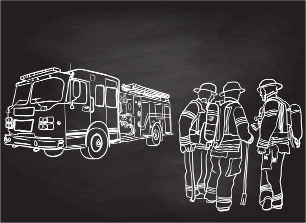 Firemen Teamwork Chalk Firemen working together and firetruck in the background person oxygen tank stock illustrations