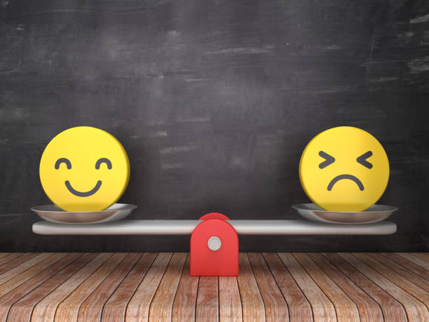 istock Seesaw Scale with Emoticons on Chalkboard Background - 3D Rendering 1130976413