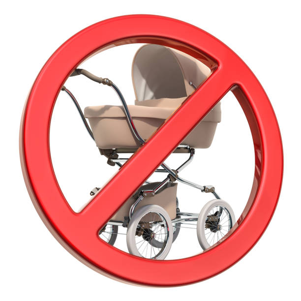 Baby stroller with prohibition sign, 3D rendering isolated on white background
