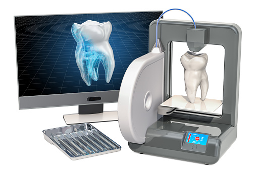 Artificial tooth on three dimensional printer, 3d printing in stomatology concept. 3D rendering isolated on white background