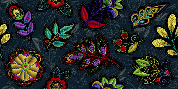 istock Embroidery seamless pattern with beautiful flowers. Vector handmade floral ornament on dark background. Embroidery for fashion products. Elegant tiled design, best for print fabric or papper and more 1130977116
