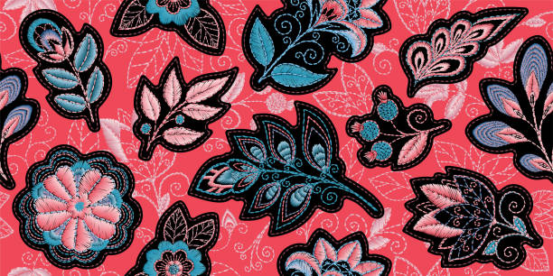 istock Embroidery seamless pattern with beautiful flowers. Vector handmade floral ornament on coral background. Embroidery for fashion product. Elegant tiled design, best for print fabric or papper and more 1130977653