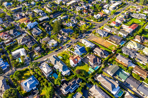 A view of suburban houses in the Takapuna district of Auckland, New Zealand.