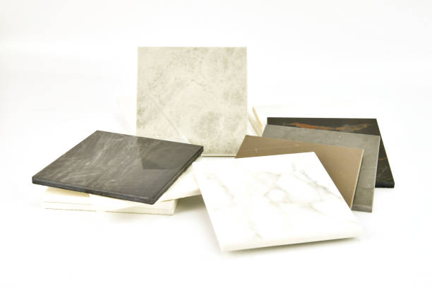 stone tiles samples on white background stock photo