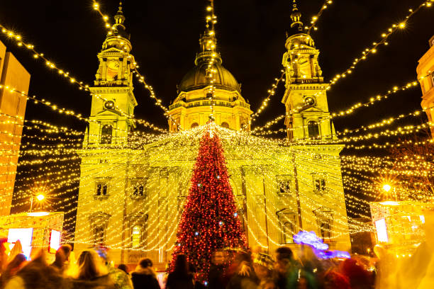 This pic shows Christmas Market in front of St. Stephen's Basilica in central Budapest.