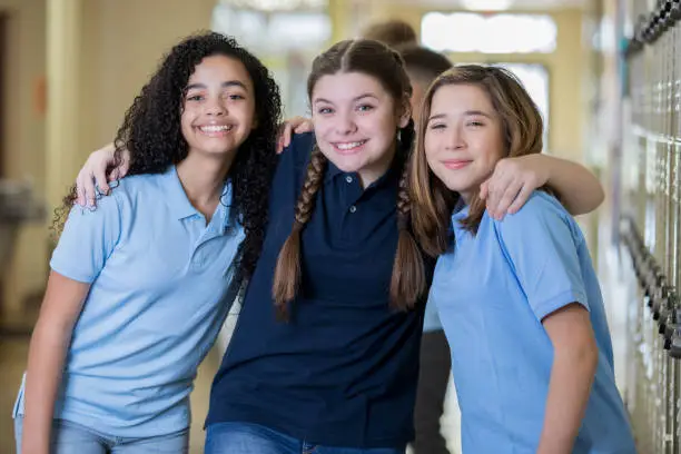 Photo of Diverse group of high school girls smile with arms around each other in private school