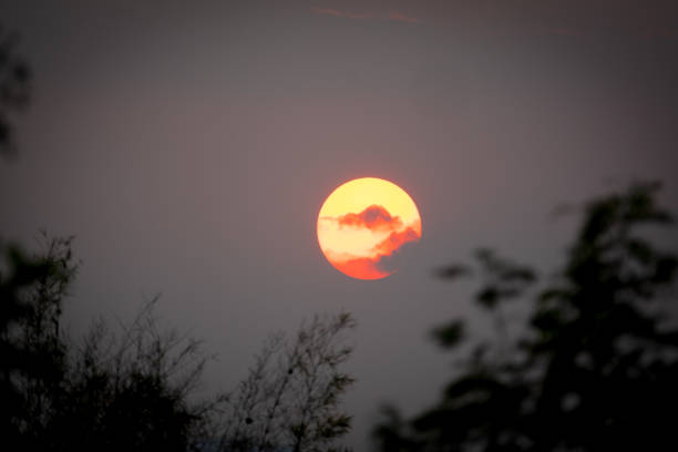 Big red sunset on hills on dark background