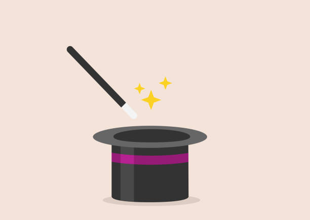 Magic has magic stick wand and hat. Flat vector. sorcerer hat stock illustrations