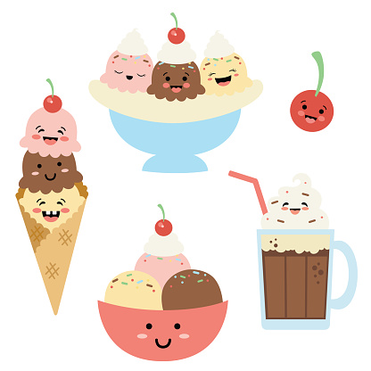 Vector Silly Ice Cream Sundaes with Faces Illustrations. Perfect for scrapbooking, kids, stationery, parties, clothing, and home décor projects.