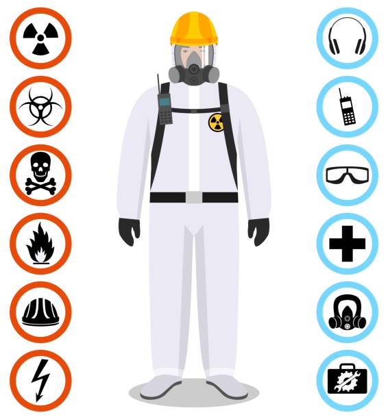 branchenkonzept. detaillierte darstellung des arbeiters in weißem schutzanzug. sicherheits-und gesundheits-vektorsymbole. zeichen: chemisch, radioaktiv, gefährlich, giftig, giftig, gefährlich. - protective suit stock-grafiken, -clipart, -cartoons und -symbole