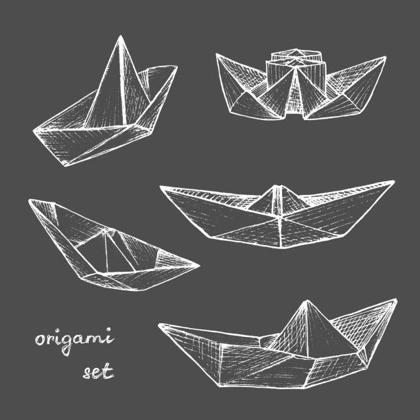 origami - zestaw 5 białych okrętów - nave stock illustrations