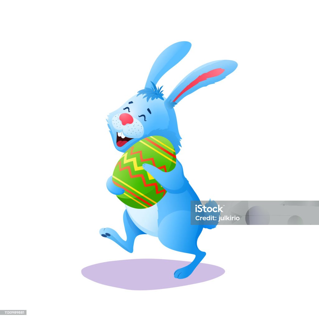 Blue cartoon Easter rabbit running with paschal egg isolated on white background. Flat happy easter Bunny Cute holiday character decoration for your design project. Colorful vector animal illustration Easter Bunny stock vector
