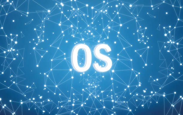 OS on digital interface and blue network background stock photo