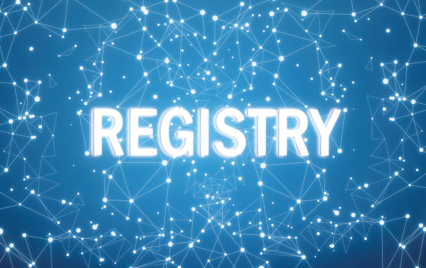 registro di sistema sull'interfaccia digitale e sullo sfondo della rete blu - registry office foto e immagini stock