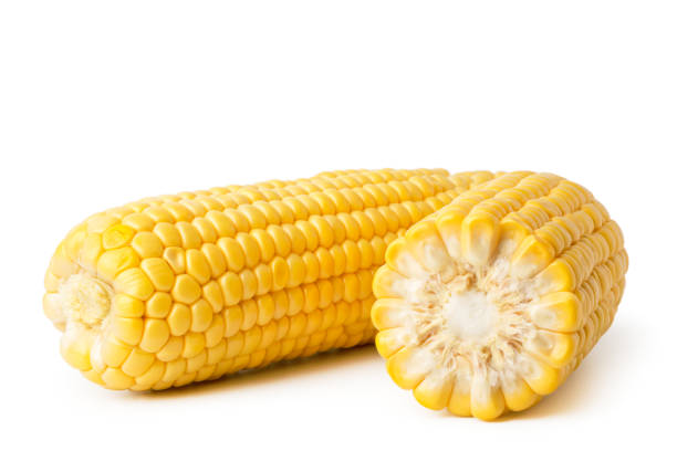 istock Ripe peeled corn close-up, on a white. 1130992475