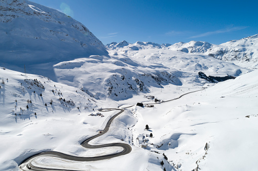 Aerial view of curvy winding road, Julier Pass, Swiss Alps, Graubunden Canton.