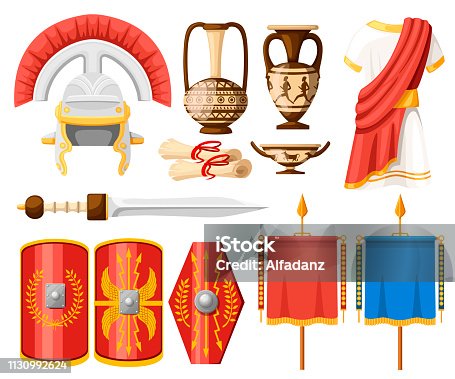 istock Collection of ancient Roman icons. Clothes, gladius, scutum, scrolls and ceramic tableware. Flat vector illustrator isolated on white background 1130992624