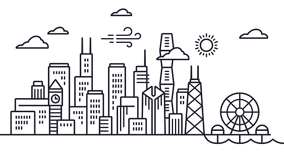 Chicago skyline line drawing with navy pier and downtown skyscraper silhouettes.