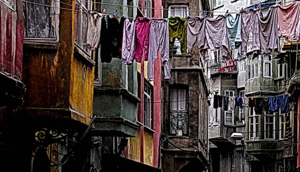 Typical Istanbul old town alley with drying Laundry on a clothesline, Turkey.