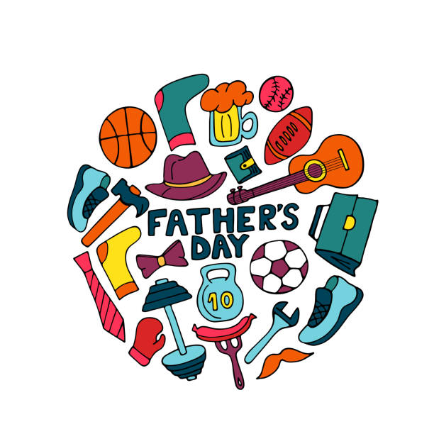 ilustraciones, imágenes clip art, dibujos animados e iconos de stock de banner del día del padre en estilo doodle. estilo de vida de los hombres, equipos deportivos, ropa y accesorios - shoe bow baseball sport