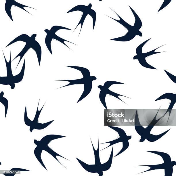 Swallows Soaring In The Sky Seamless Pattern Design For Printing On Fabric Stock Illustration - Download Image Now