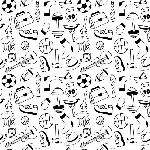 ilustrações de stock, clip art, desenhos animados e ícones de father's day banner in doodle style. men's lifestyle, sports equipment, clothes and accessories seamless pattern. - fork wrench