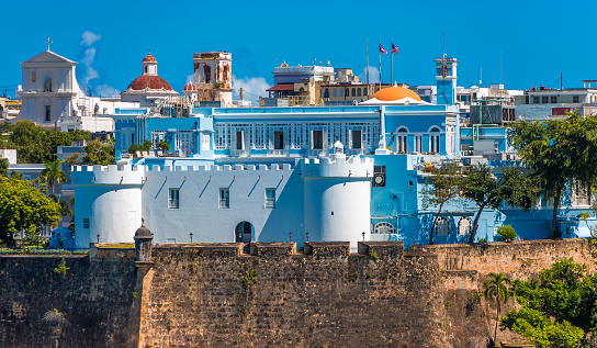 Colorful, historical buildings on the coast of Old San Juan, Puerto Rico