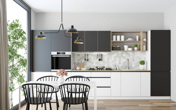 Modern Scandinavian kitchen and dining room stock photo