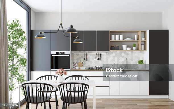 Modern Scandinavian Kitchen And Dining Room Stock Photo - Download Image Now - Kitchen, Modern, Indoors