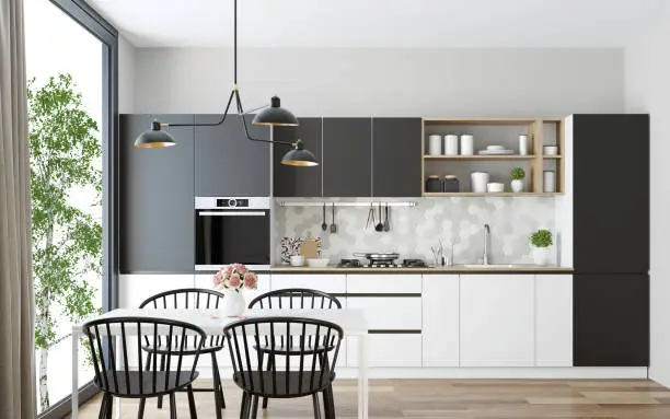Photo of Modern Scandinavian kitchen and dining room