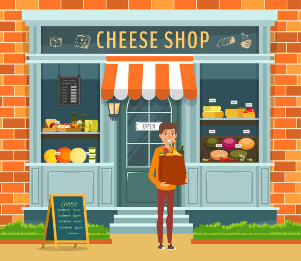 bildbanksillustrationer, clip art samt tecknat material och ikoner med showcase av ost affär och köpare med paketerar - cheese counter supermarket