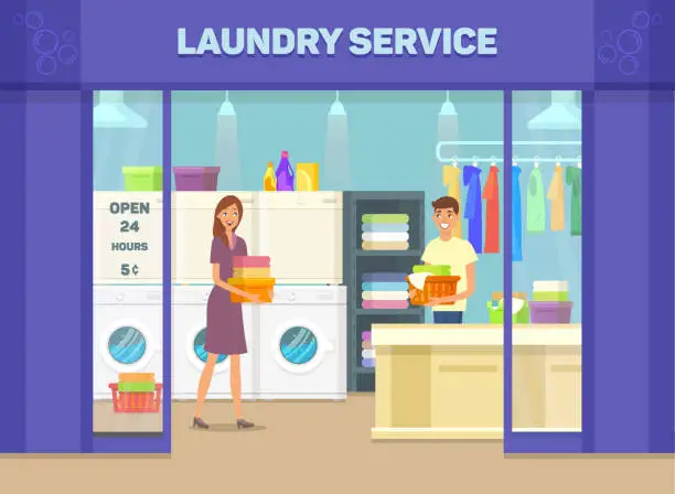 Vector illustration of Laundry room facade with man and woman