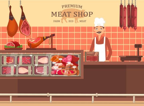 ilustrações, clipart, desenhos animados e ícones de homem do carniceiro no showcase da loja de carne com presunto - delicatessen beef meat raw