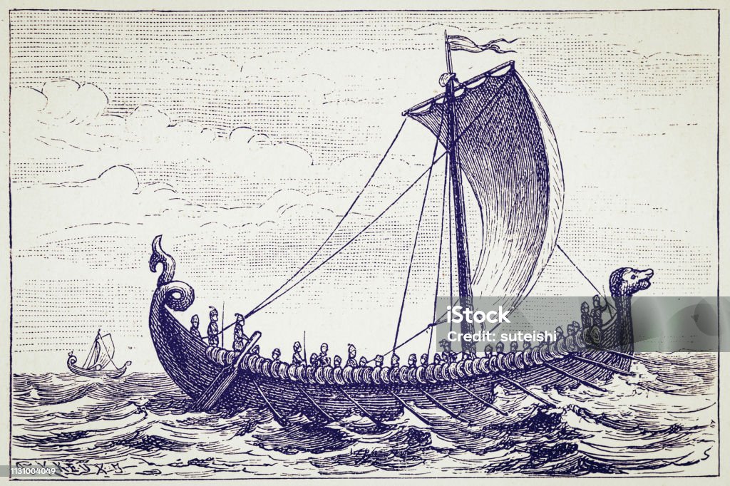 The viking ship boat, warship, vikings, history, vintage, illustration, retro style,  19th Century Style, sailing vessel Viking Ship stock illustration