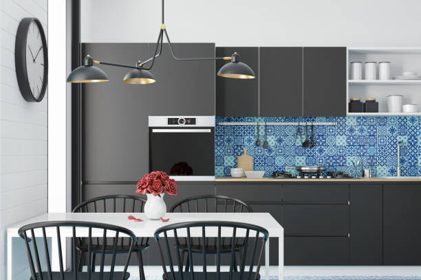 Modern Black Scandinavian kitchen and dining room with Moroccan tiles