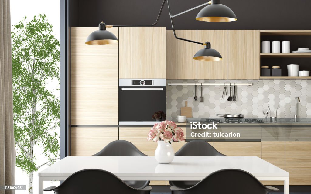 Modern Scandinavian kitchen and dining room - Royalty-free Cozinha Foto de stock