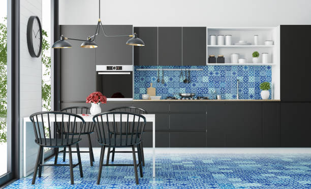 istock Modern Black Scandinavian kitchen and dining room with Moroccan tiles 1131004055