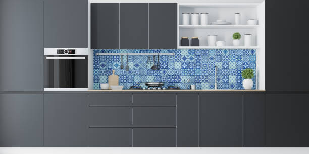 istock Modern Black Scandinavian kitchen with Moroccan tiles 1131004056