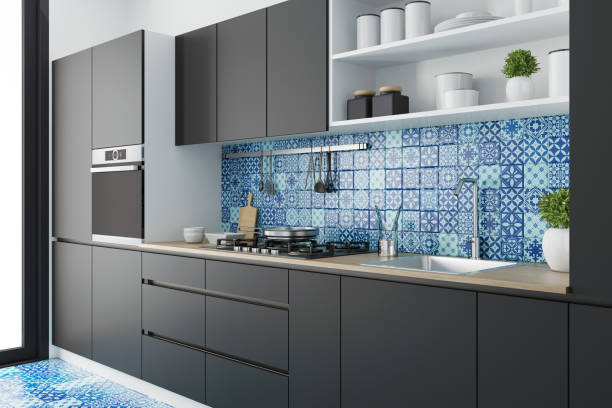istock Modern Black Scandinavian kitchen with Moroccan tiles 1131004057