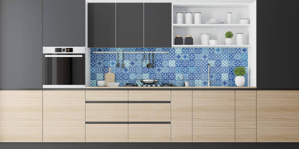 istock Modern Black and Wood Scandinavian kitchen with Moroccan tiles 1131008940