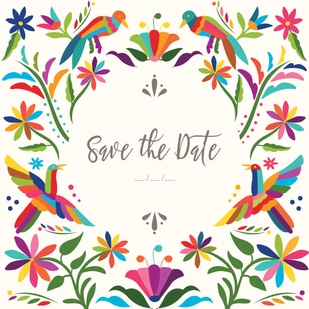 Mexican Traditional Otomí Save The Date Card - Copy Space Colorful Mexican Traditional Textile Embroidery Style from Tenango, Hidalgo; México - Floral Composition with Birds bird borders stock illustrations