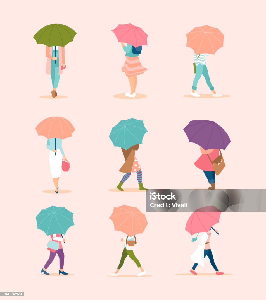 People walking under umbrella in autumn rainy day. Crowd of tiny people under rain on modern minimalist style. Pastel colors. Spring poster with girls under umbrellas running in the rain. Crowd of tiny people under rain on modern minimalist style. Spring poster with girls under umbrellas running in the rain. Girls stock vector