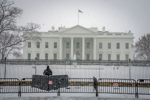 A Secret Service guard stands watch in front of the north portico of the White House, February 20, 2019.
